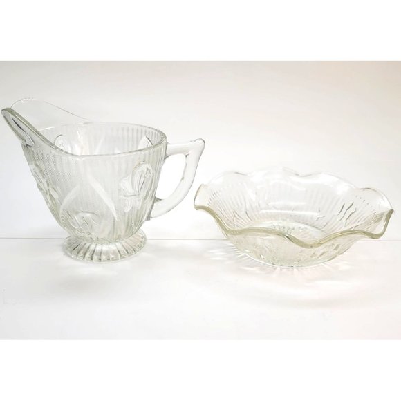Jeanette Glass Iris Creamer and Sugar Bowl Depression Era Vintage Clear PR610 - Picture 2 of 12